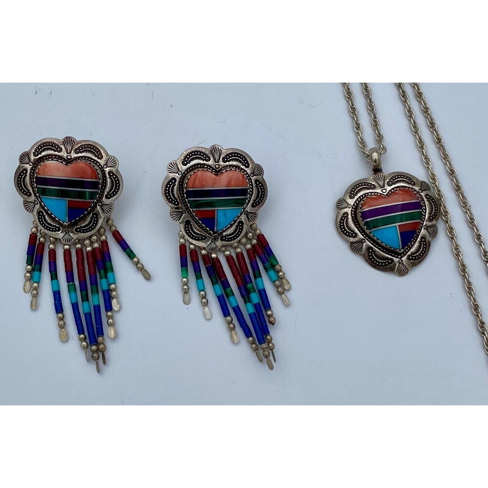 Vtg Native American Signed Sterling Multi Inlay Stone Heart Earrings & Pendant